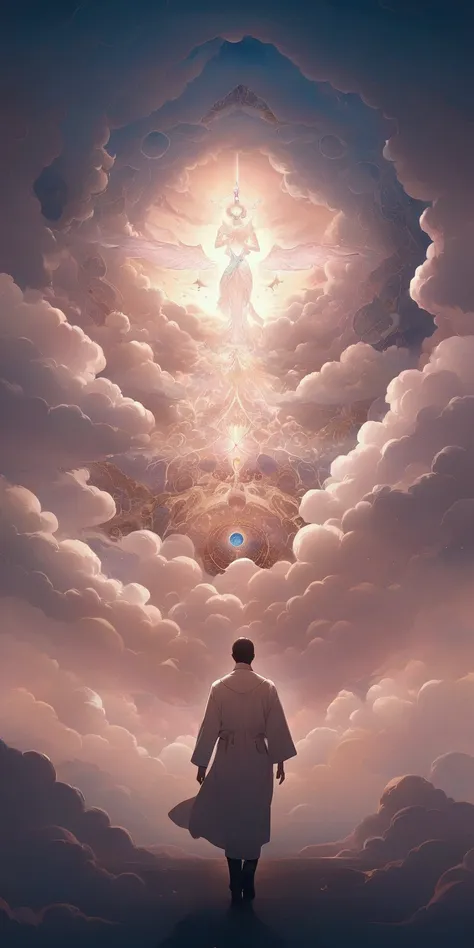 Crooked image of a man walking across a sky full of clouds,  images from another world ,  Entrance to the Ethereal Realm ,  portal to the ethereal kingdom ,  intricate and epic composition ,  Highly detailed surreal visual effects ,   epic clouds and divin...