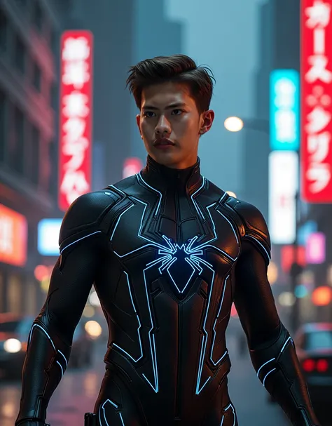 The 20-year-old American wears a Spider-Man suit.,  handsome,  interesting ,  Cyberpunk .