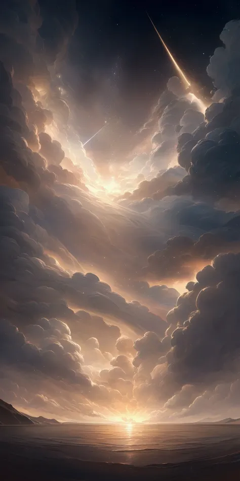 un primer plano de un sky con nubes y una estrella,  A still image of an ethereal , Baroque painting. sky iluminado por estrellas,  dramatic and dreamlike lighting ,   epic clouds and divine illumination  , Nebulae.  volumetric lighting , inspired by Micha...