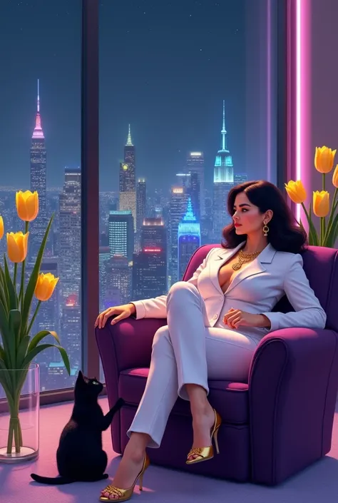  A slightly overweight 30-year-old woman ,  pale skin and rosy cheeks , medium and dark hair , wearing a white suit, gold jewelry and gold high heel shoes ,  sitting on a purple velvet armchair with her black cat in a very elegant and modern living room de...