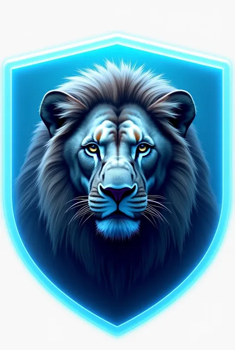 The realistic lion logo is rounded into one with a light blue outline and a bright blue transparent shield background