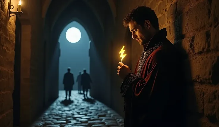 Create an image of Prince Hamlet standing alone in a dimly lit corridor of an ancient stone castle. His face should be partially illuminated by the flickering light of a nearby candle. The stone walls should be heavy and intricate, evoking a sense of timel...