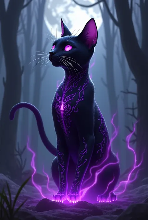 night,  A black cat with evil dark energy flowing through it , A dark cat ,  That cat has purple patterns all over its body,  The energy is close to black and purple, and it surrounds him., 