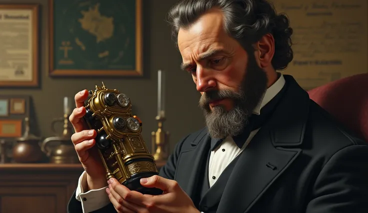 Bell’s portrait with a telephone prototype: A close-up half-body shot of Alexander Graham Bell holding an early telephone prototype with a thoughtful expression. The background features a historical setting with scientific instruments and patents displayed...