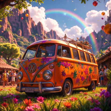 A colorful camper VW mini-van in a picturesque outdoor camping site, covered in unique graffiti art. The vw camper van stands out with its vibrant and eye-catching graffiti pattern, adding a touch of personality to the scene. The atmosphere is filled with ...