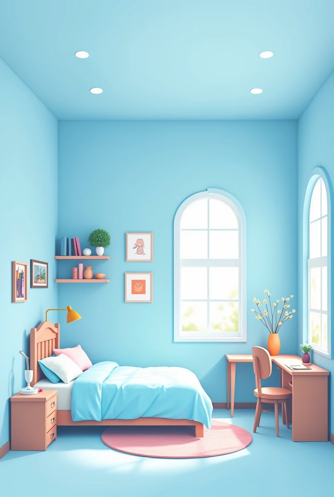 Flat 2D cartoon-style illustration of a cute blue bedroom. Completely hand-drawn, no 3D effects or rendering, no perspective. Pastel blue tones, with a bed, a bookshelf, a desk, arched windows with curtains, and minimal decorations. Focus on flat and simpl...