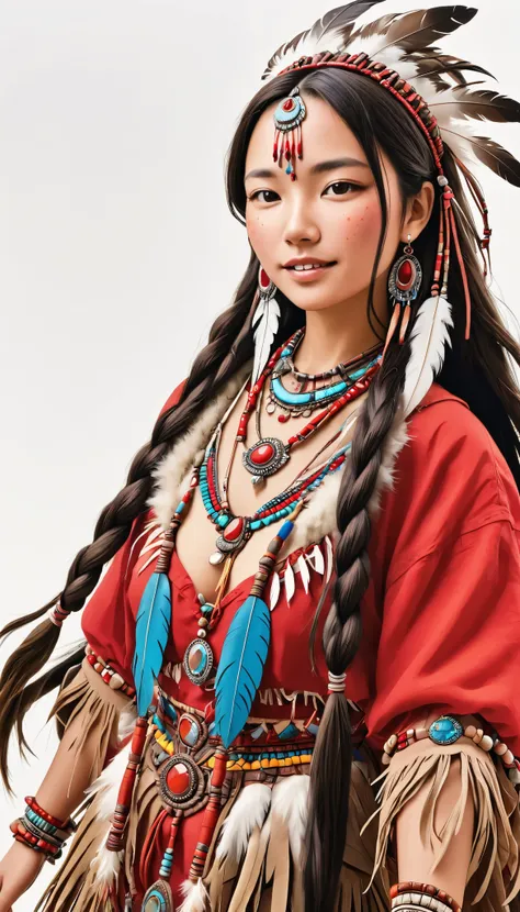 one very beautiful girl、 face up、Lonely、 Friendly Smiles 、 Native American , long, voluminous hair ornament with so many feathers,gem, necklace,Tribe,Head ornament, upper body red ,Pigments, braiding , upper body red ,Freckles、 Big Breasts 、 One Girl 、 hi...