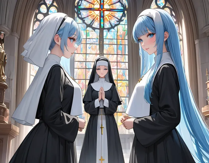   long light blue hair、 The nuns have a twin tail hairstyle 、Nuns dressed in black and white 、 closeup  、  A bright church with beautiful stained glass、  There is a statue of Mary in the center 、 The nuns are worshiping 