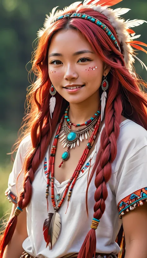 one very beautiful girl、Close-up of face、Lonely、 Friendly Smiles 、 Native American ,  long, voluminous hair ornament with so many feathers,gem, necklace,Tribe,Head ornament, upper body red ,Pigments, braiding , upper body red ,Freckles、 Big Breasts 、 One G...