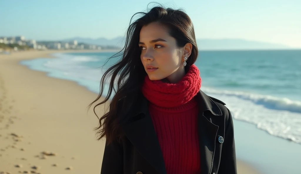  bust shot、 sideways、Brighten up people 、Walking alone on a Spanish winter beach 、 Beautiful Woman with Long Black Hair 、 red sweater and black trench coat、 wearing a red scarf around her neck 、With earrings、 real