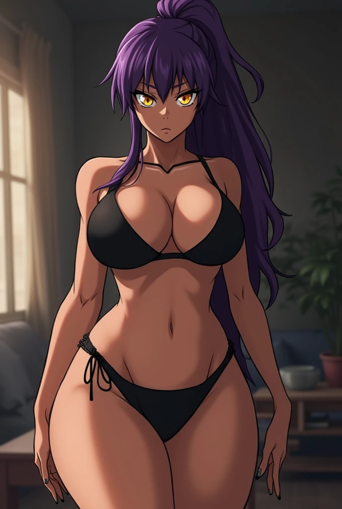 score_9, score_8_up, score_7_up, score_6_up, yoruichi shihōin, purple hair, ponytail, brown skin, yellow eyes, front view, her standing, in a tiny black bikini, huge breasts, huge ass, voluminous body, milf, in a room, thin waist, wide hips,