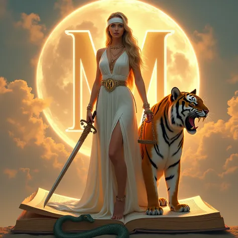  The Goddess Themis of Justice, with the beautiful and very beautiful face , full body y , and beautiful, and curvaceous , robusta, And with gold-colored hair, and wearing a white dress ,  and showing very thick legs, and sturdy ,  with the other hand and ...