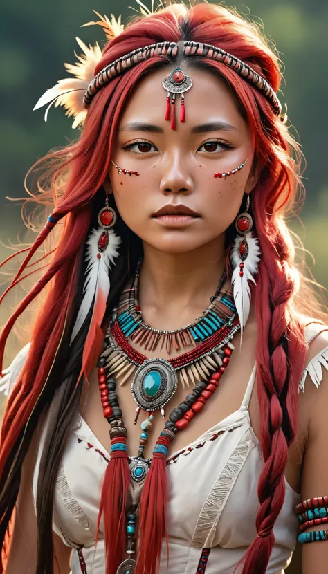 one very beautiful girl、 super zoom up on her face 、Lonely、 Native American ,  long, voluminous hair ornament with so many feathers,gem, necklace,Tribe,Head ornament, upper body red ,Pigments, braiding , upper body red ,Freckles、 Big Breasts 、 One Girl 、 h...