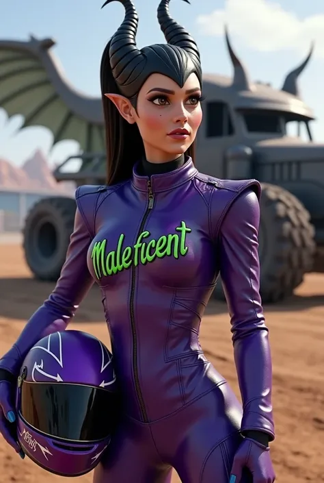 Mal, (Descendants,) wearing leather purple race car uniform, with green texture reading “Maleficent,” Holding helmet in hand, With dirt stadium background, with dragon shaped monster truck 