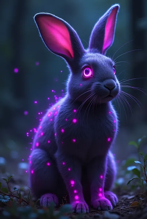 night,  A rabbit with evil dark energy flowing through it , A rabbit stained in darkness ,  The rabbit has purple patterns all over its body,  The energy is close to black and purple, and it surrounds him.,