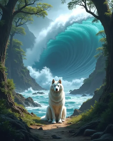  The rough sea has towering trees and forests，Theres a big white dog that looks like youre walking，The background in the distance is a choppy ocean ,There is an ocean in the distance 。 a sea of huge blue waves，Strong contrast ，A white dog looks at you