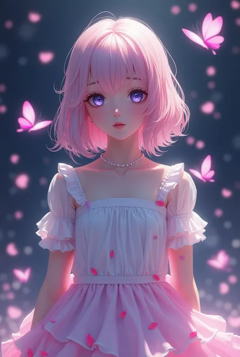 1 YOUNG GIRL ,,white dress with pink ,,  pink hair with silver ,  eyes with subtle purple and light blue  ,),Standing,forehead,( black petals flying in profusion ),Petal rain  ,,  crystal clear butterflies with purple Many petals, countless petals , petals...