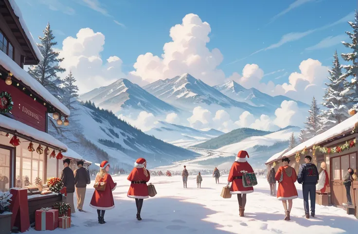 2D anime picture, group of 7 people on Christmas and New Year theme. [Landscape] [2 women 5 men]