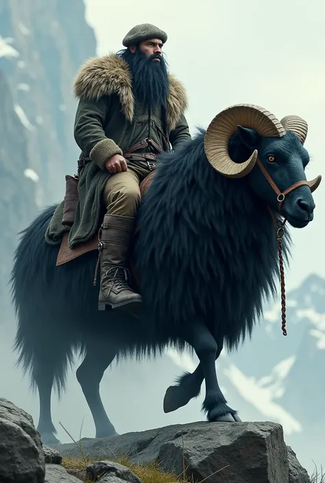  Huge black ram with thick fur bridled and saddled, On it sits a man with a black braided long beard , Fur jacket woolen hat two knife belts across the chest , on a rocky outcrop  . it is windy.