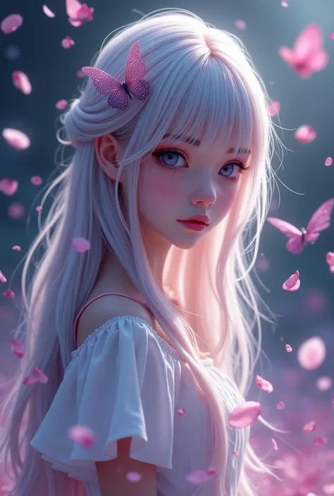 1 YOUNG GIRL ,,white dress with pink ,, long silver hair with pink locks ,  eyes with subtle purple and light blue  ,),Standing,forehead,( black petals flying in profusion ),Petal rain  ,,  crystal clear butterflies with purple Many petals, countless petal...