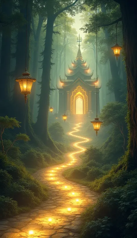 Prompt: "A glowing golden pathway stretching through a dark forest, lined with floating lanterns that guide the way to a radiant temple in the distance."