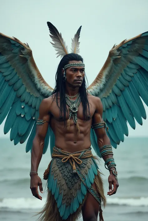 Strong male, winged person, big wings in folded position, indigenous tribe, near the seashore,light blue feathers, few feathers in the hair, scales