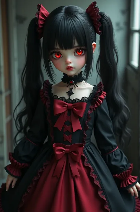 Hairy girl long pigtails red eyes gothic Lolita dress shades black and red bow on the abdomen 