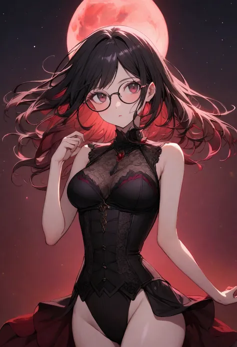 a beautiful, attractive, slender woman, black hair with red highlights, dark eyes, wearing round glasses with dark pink lenses, tight black bodice with burgundy laces, burgundy-brown tones in the background with red full moon night rays