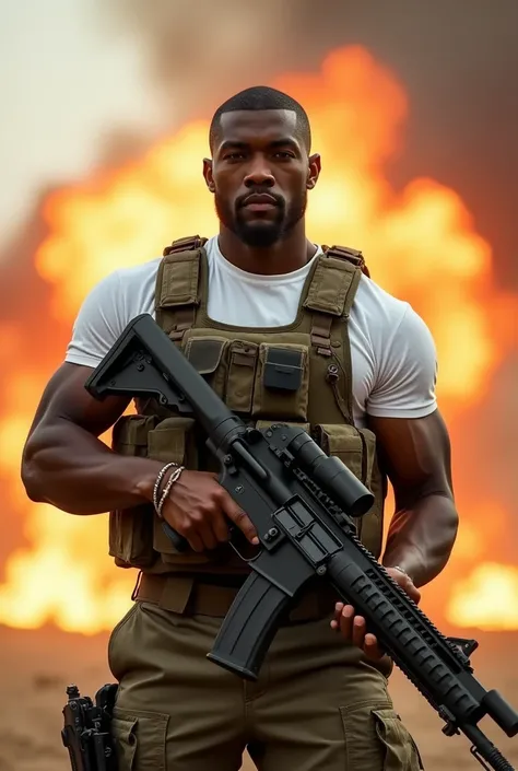 In 4k hd, a handsome chocolate skin tone African American young man, sharpe features with short shaved black hair, some facial hair bodybuilder physique, wearing a white shirt sleeve shirt and army vest with army pants holding an machine gun with an explos...