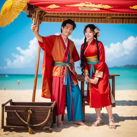 High-definition depiction, anime style, 8k resolution, Unity wide shot, beautiful and clearly painted. Three Kingdoms, A man and woman dressed in chinese traditional clothing stand on a beach, smiling at us.