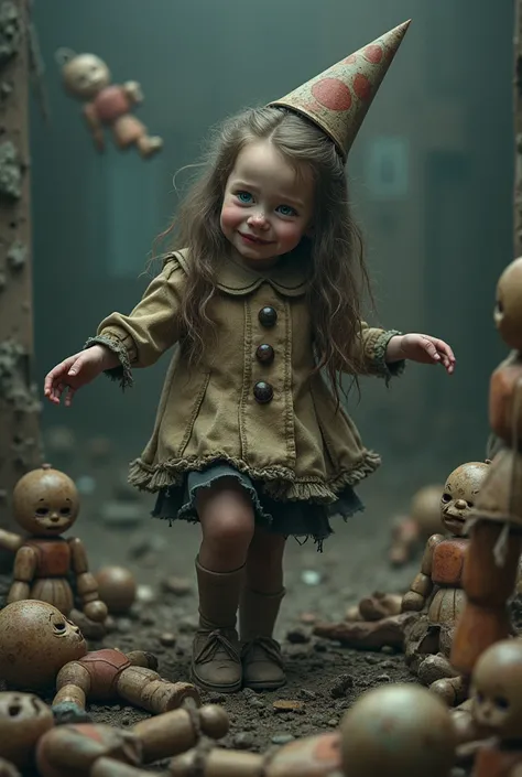 Old rotten clown box with broken wooden figures thrown out of the box, also instead of a clown, a girl with long hair and torn clothes is dancing.Smile, Smile, Smile, Blue eyes, Crying, 