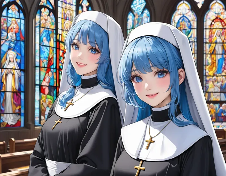 Long thin blue hair 、  The nuns have twin tail hairstyles 、smile、 Nuns dressed in black and white  、  closeup   、   A bright church with beautiful stained glass 、    There is a statue of Mary in the center   、 Nuns pray 