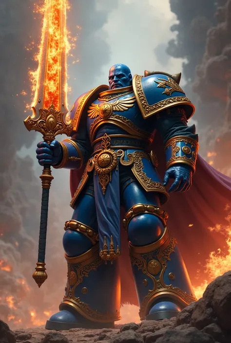 Robute Guilliman  ,  wearing the armor of destiny and carrying the emperors flaming sword 
