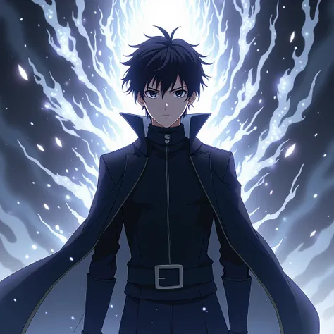 Anime black haired anime guy cool black eyes black Gakuran uniform, propped up collar, turning into a ultra super god hero, White platinum arcane