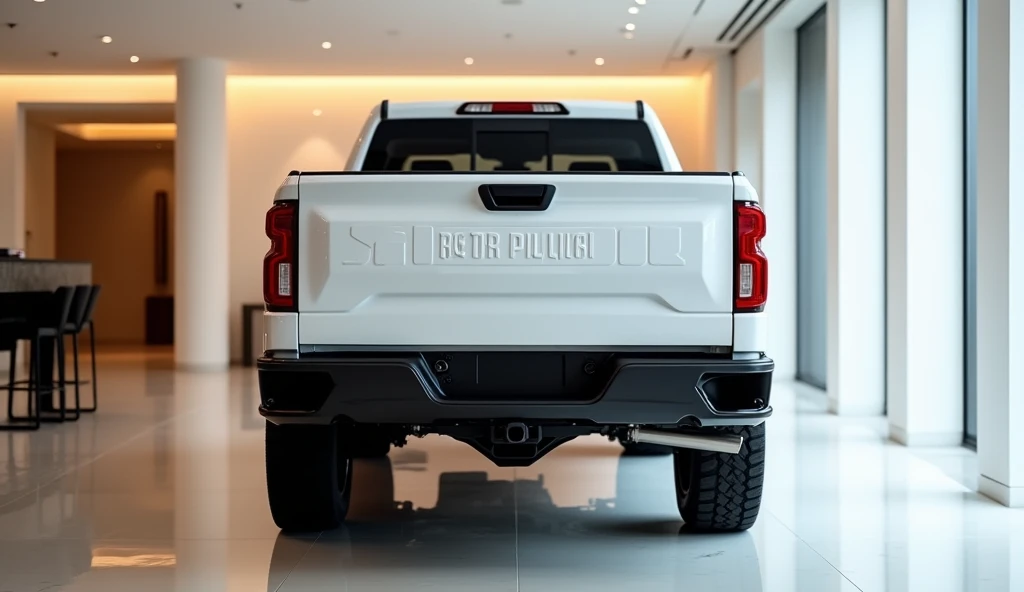 Inside a luxurious, modern showroom with soft ambient lighting and pristine white walls, the Caterpillar Pickup Truck is displayed, captured from a rear angle. The rugged yet refined design of the white pickup truck stands out, showcasing its bold tailgate...