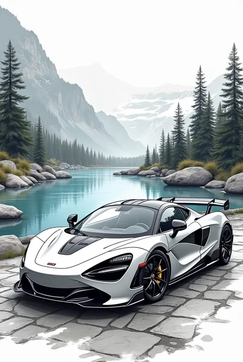 Create a drawing of a supercar beside the beautiful river and mountain