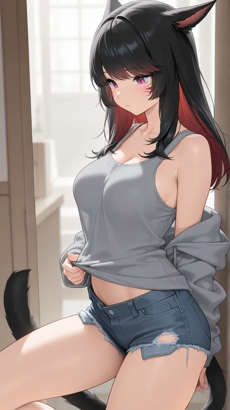 masterpiece,1girl, Miqote, colored inner hair Black hair red hair, cat_ears, gray oversized hoodie, Inner tank top , Hair on one eye, Long hair tips, nsfw, damage short denim