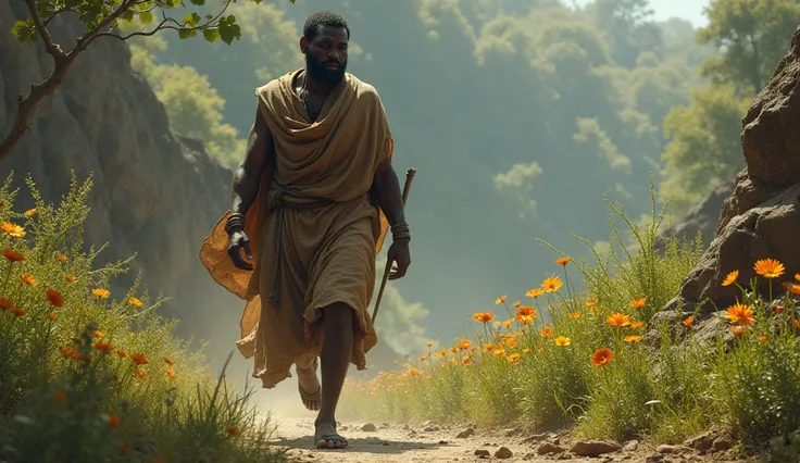 Cain as a black man in the book of Genesis receiving a mark from God for killing cain and becoming a vagabond in the earth. Cain is leaving out of a lush green garden into a barren land. 