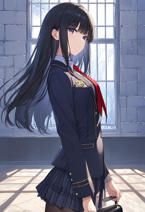 （extremely detailed CG:1.5）、（crisp quality:1.5）、 pretty girl、（puppet:1.5）、 black hair、Straight Hair、 long hair、student、uniform、 blazer、 from the side、looking at viewer、School、Window