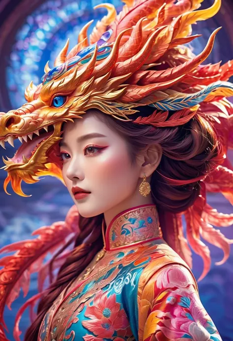 (Face anad body full facing audienc)Draw an embroidery work，dragon embroidery，extreme detail Chinese clothing design，Silk fabric，Symmetrical style,8k 
high detail glowing silk attire ,Glow Special Effects, Solo, Laser Sword, Textured Skin 3D, HDR, Highest ...