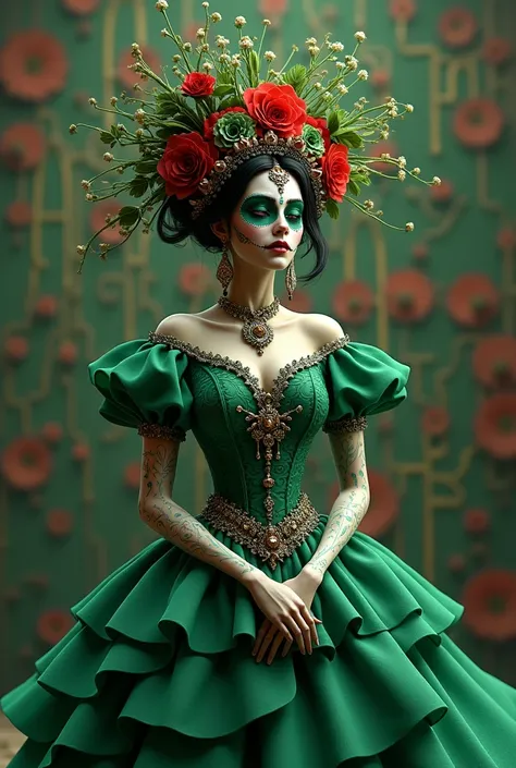  Make me a 3D female version of the catrina&#39; and on her green dress, The background is written Ai .Creation .