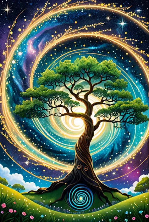 Create a book cover, with an enchanted tree ,  with a spiral in the center ,  Half-cosmic starry background , type of painting,  also evoking a bit of the Oz vibe.