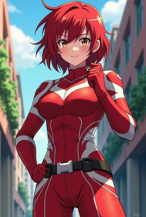   My Hero Academia style ,     anime girl  , woman, young woman ,    full body shot  ,(  Fighting Stance  :1.3),Long Hair, Red Hair,    Brown Eyes  ,  hero suit, Full Body Suit,   red suit with white details, perfect anatomy,  Reinforced ABS ,  super detai...