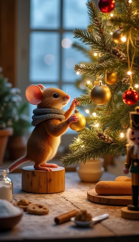 A charming holiday scene featuring a small anthropomorphic mouse standing on a wooden stool, dressed in a cozy brown sweater and a knitted gray scarf. The mouse is carefully hanging a golden ornament on a beautifully decorated Christmas tree with glowing l...