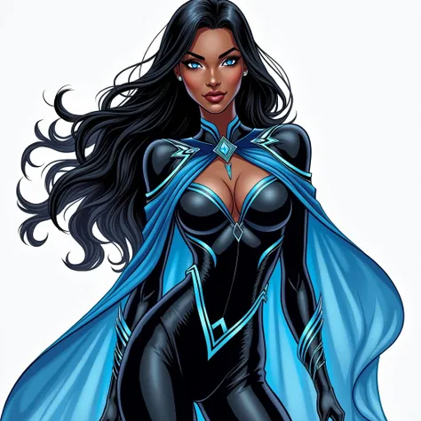 Beautiful black superhero with long black hair and blue eyes, wears a black outfit with elegant blue tribal details and a transparent blue cape connected to her uniform below the waist, with powers to control water.