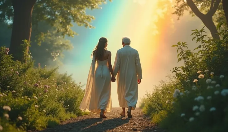  Hyperrealistic scene , a rainbow,  lush vegetation ,  a man and a woman walk together ,  They have their backs uncovered .  behind them an older man with white hair and beard  ,  white robes like GOD as in biblical times 