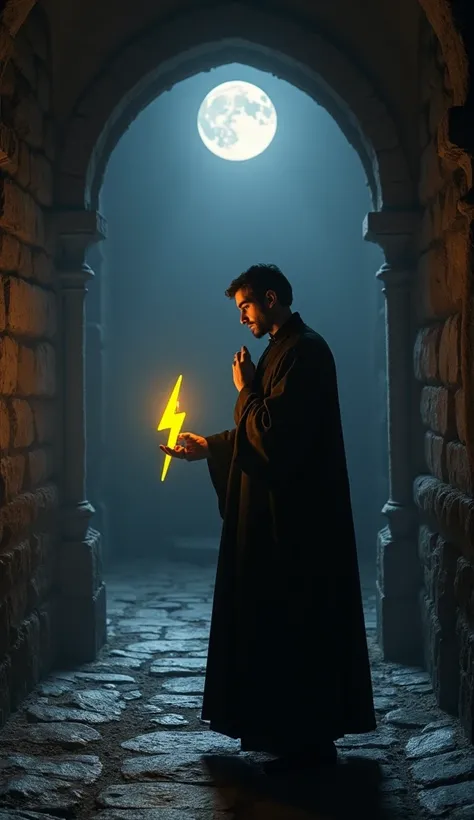 Create an image of Prince Hamlet standing alone in a dimly lit corridor of an ancient stone castle. His face should be partially illuminated by the flickering light of a nearby candle. The stone walls should be heavy and intricate, evoking a sense of timel...