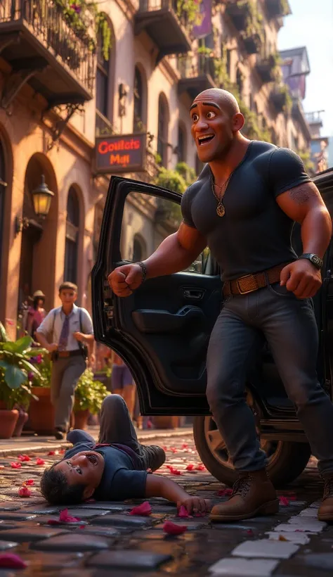  On a New York street corner ,  The Rock appears as an unexpected hero .  He wears a tight t-shirt that highlights his muscles , dark jeans and boots .  One of the agents chasing Jay-Z is on the ground ,  knocked out by The Rock .  He holds the door open o...