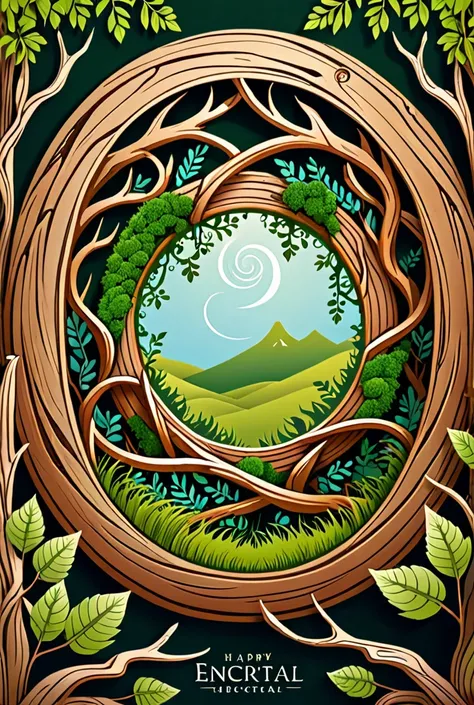 Vector book cover ,   simple background , imaginative,  with a drawing of an enchanted portal ,  with a spiral in the center .  The portal is decorated and made of wooden branches (branches)  with foliage and mosses there and in the scenery  