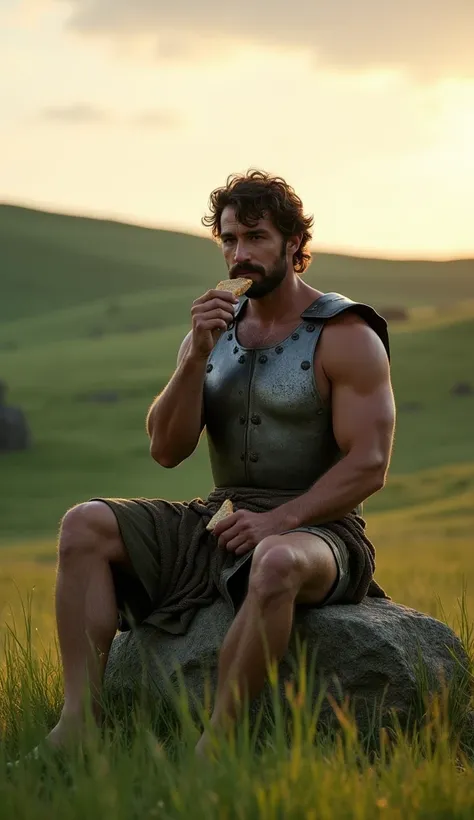 "A powerful scene set in a serene, green pasture, with rolling hills in the background. The camera begins with a wide shot of a man sitting on a large stone in the middle of the field. He is shirtless, wearing a worn, weathered breastplate of armor, symbol...